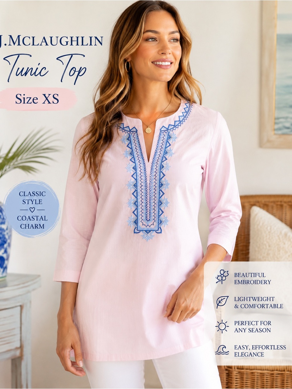 J.McLaughlin XS Pink Embroidered Tunic Top Blue Boho 3/4 Sleeve Cotton